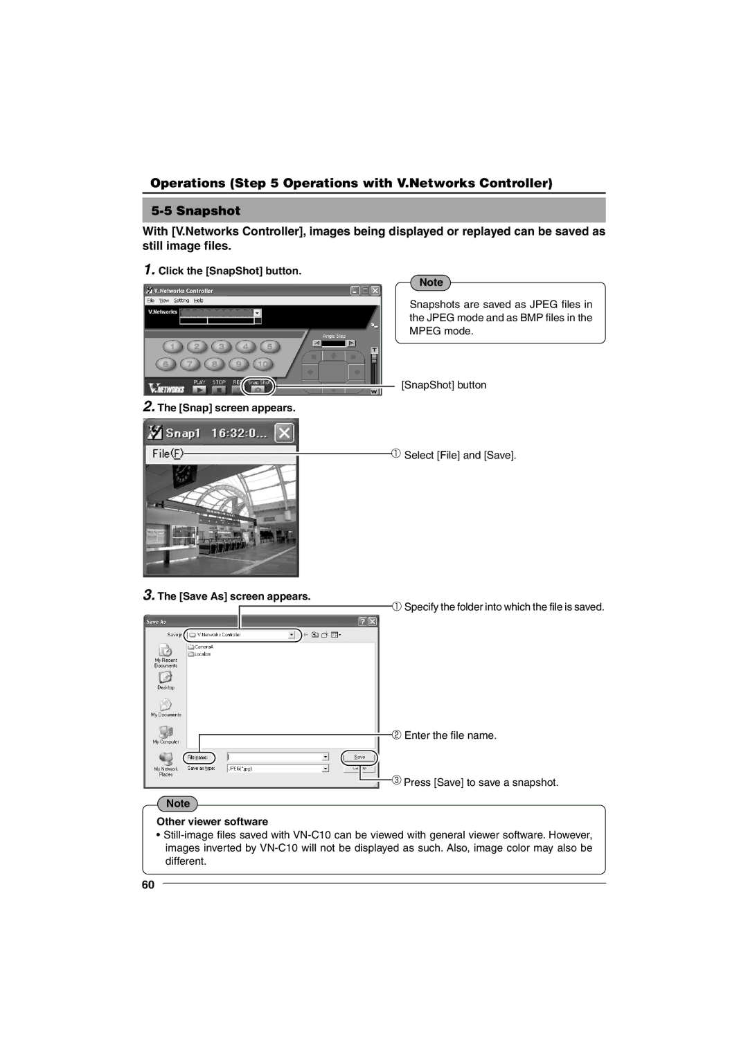 JVC VN-C10 manual Click the SnapShot button, Snap screen appears, Save As screen appears, Other viewer software 