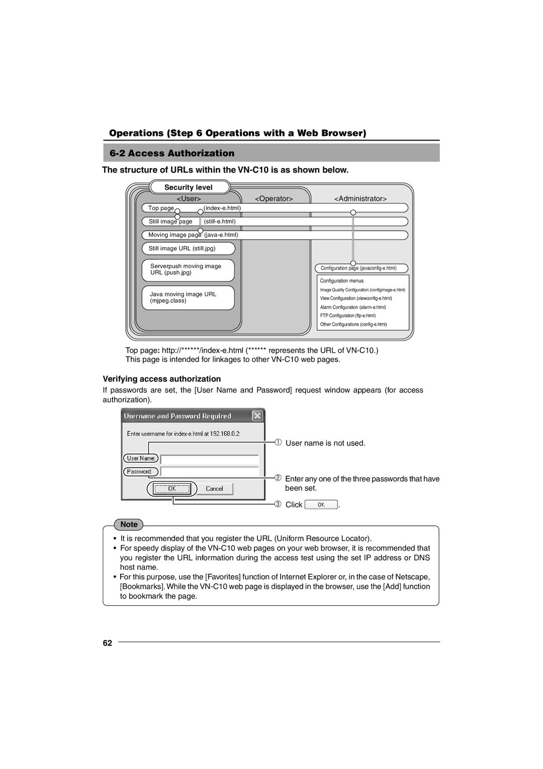 JVC VN-C10 manual Security level, User Operator Administrator 