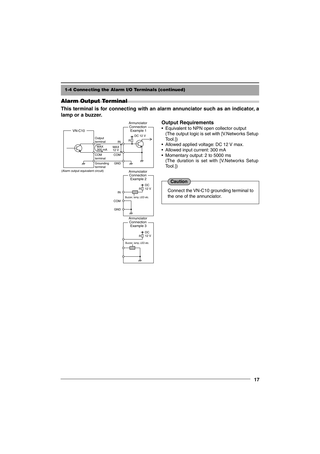 JVC VN-C10 manual Output Requirements, Connecting the Alarm I/O Terminals 