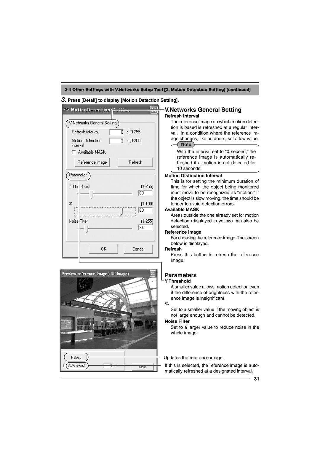 JVC VN-C10 manual Refresh Interval, Motion Distinction Interval, Available Mask, Reference Image, Threshold, Noise Filter 