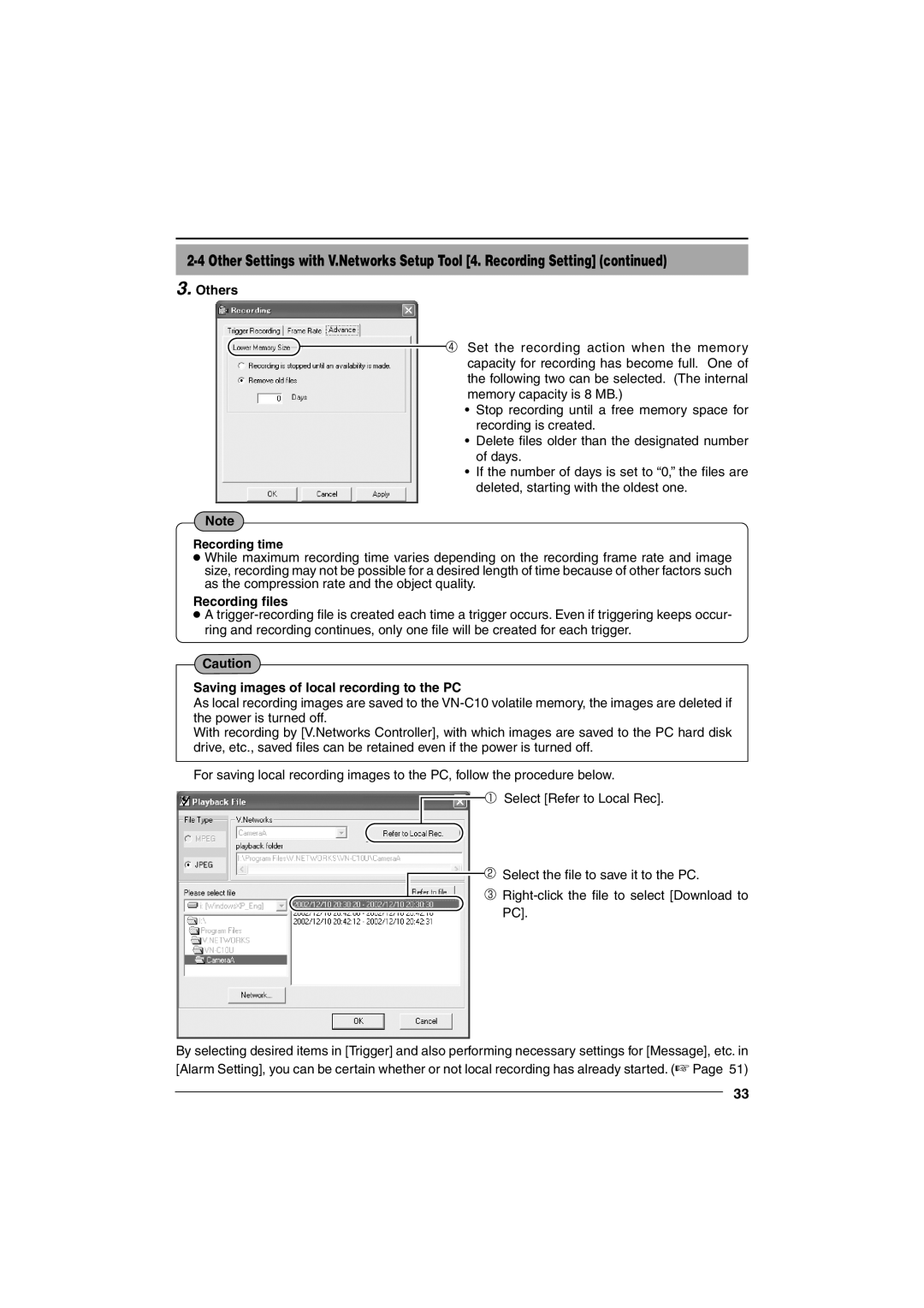 JVC VN-C10 manual Others, Recording time, Recording files, Saving images of local recording to the PC 