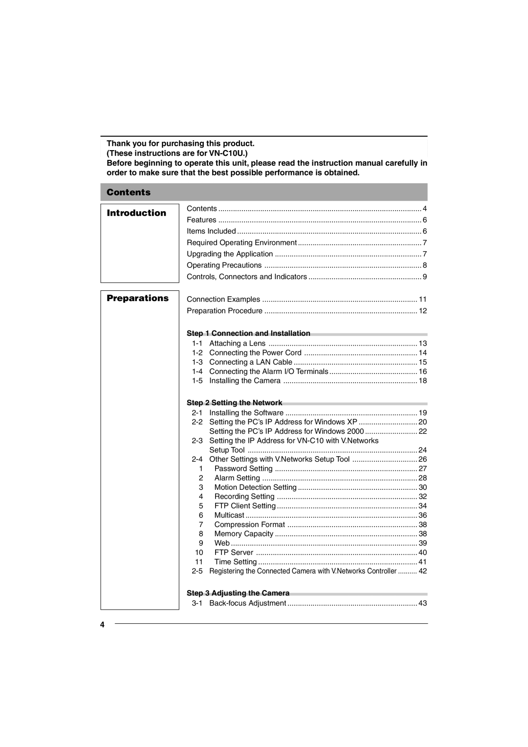 JVC VN-C10 manual Contents Introduction Preparations 