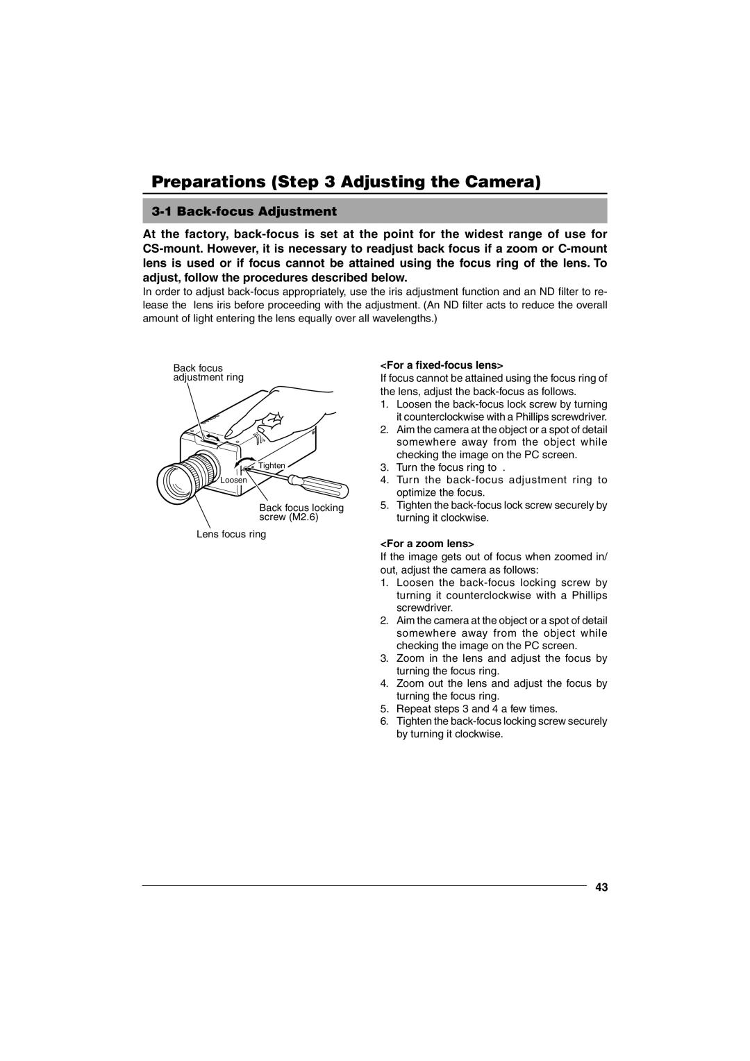 JVC VN-C10 manual Preparations Adjusting the Camera, For a fixed-focus lens, For a zoom lens 