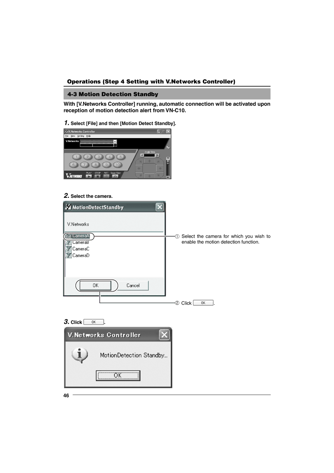 JVC VN-C10 manual Select File and then Motion Detect Standby Select the camera 