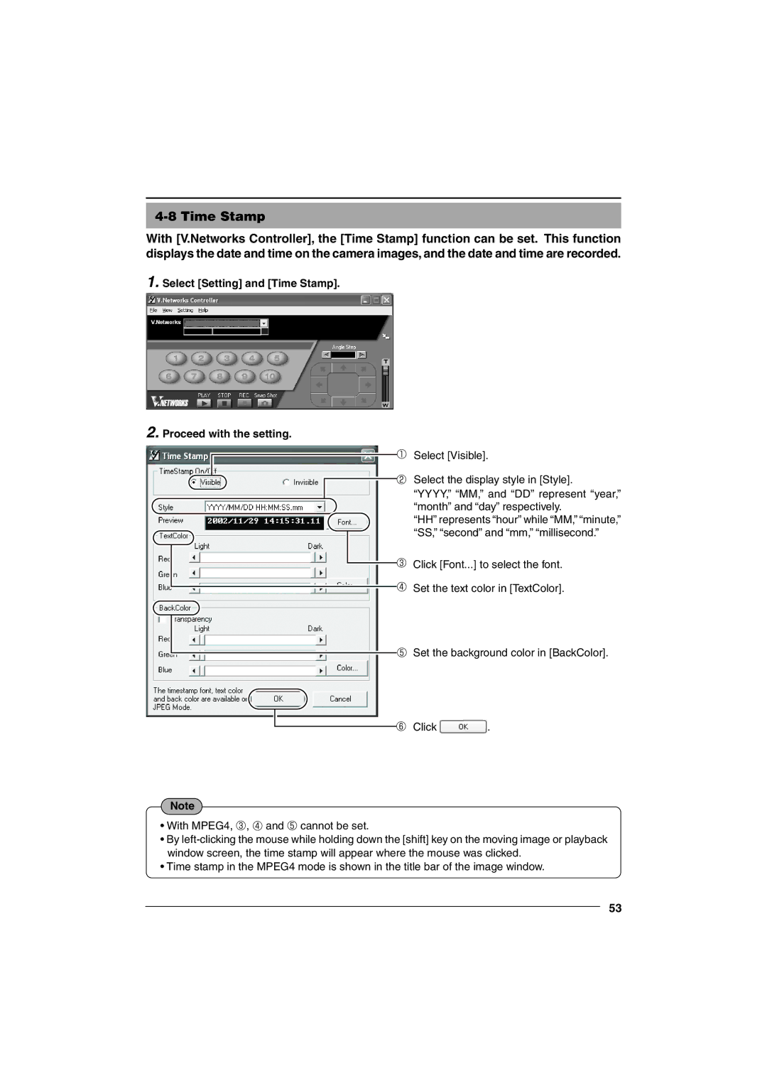 JVC VN-C10 manual Select Setting and Time Stamp Proceed with the setting 