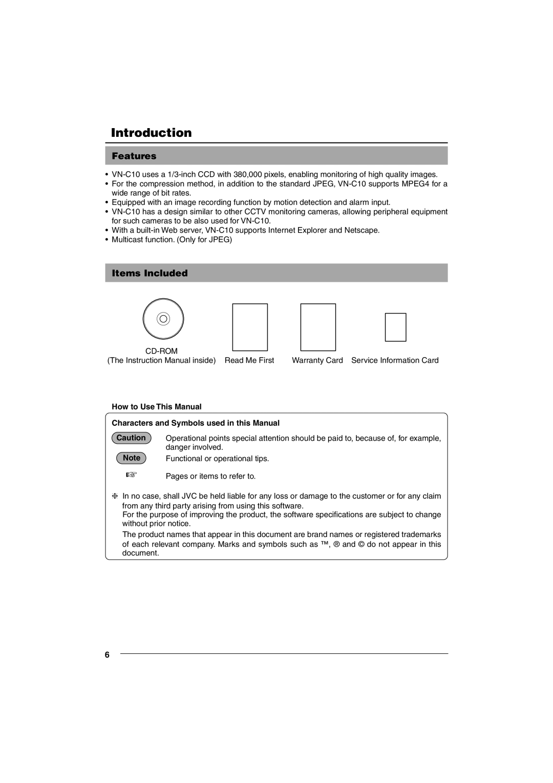 JVC VN-C10 manual Introduction, Features, Items Included 