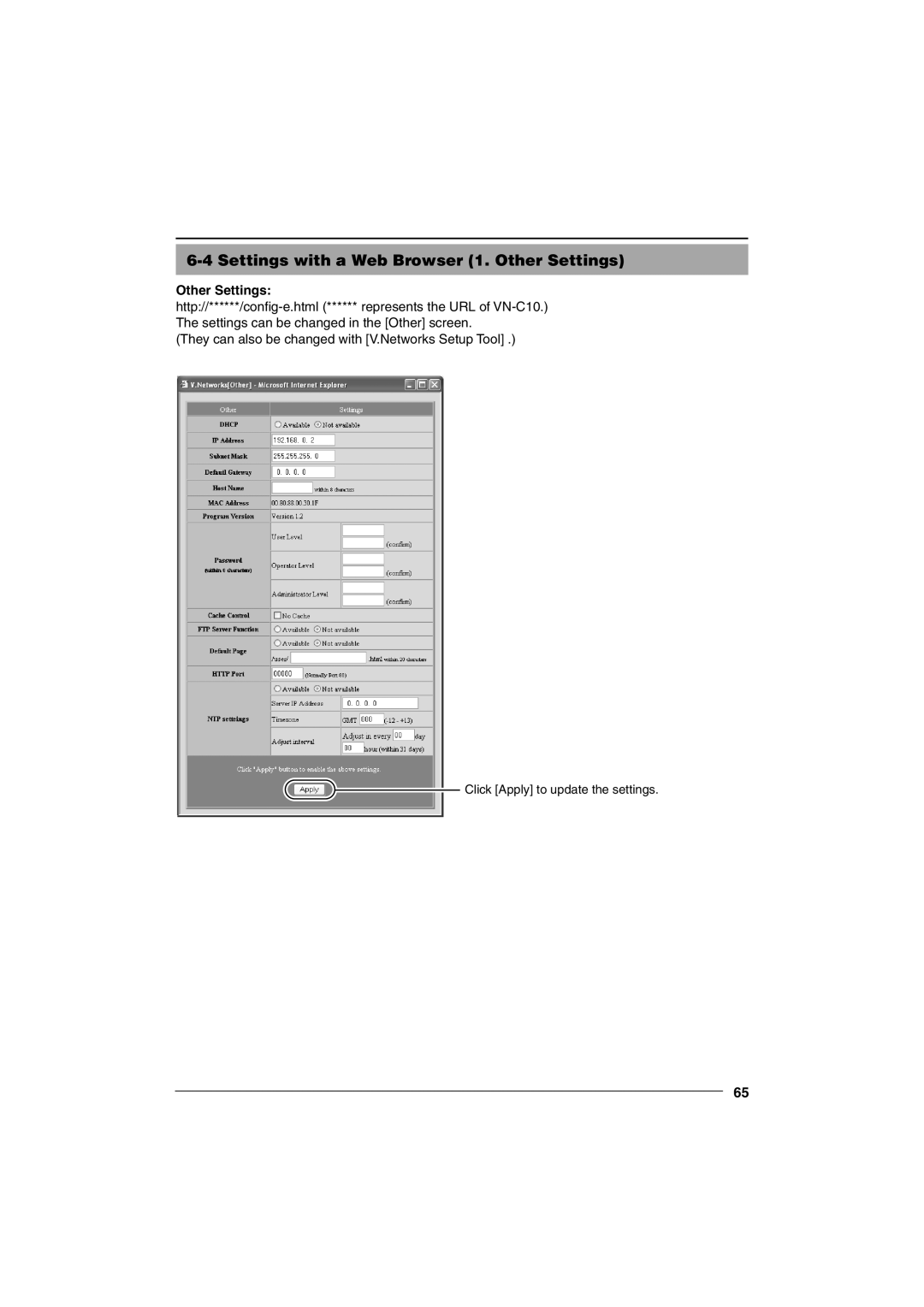 JVC VN-C10 manual Settings with a Web Browser 1. Other Settings 