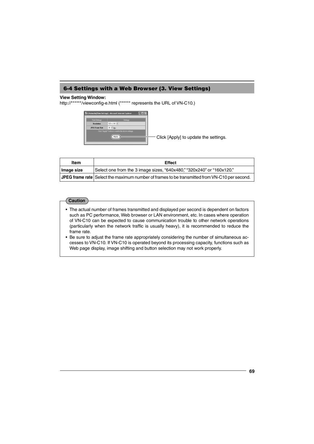 JVC VN-C10 manual Settings with a Web Browser 3. View Settings, View Setting Window, Image size 