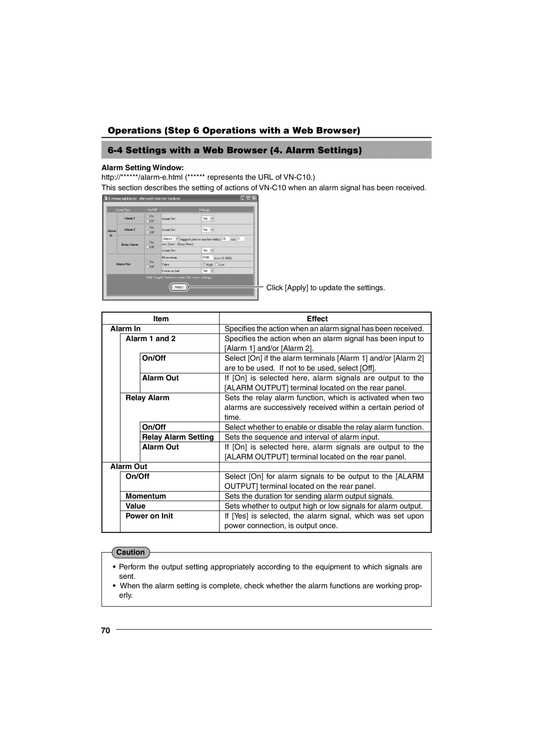 JVC VN-C10 Alarm Setting Window, Alarm 1, Relay Alarm Setting, Alarm Out On/Off, Momentum, Value, Power on Init 