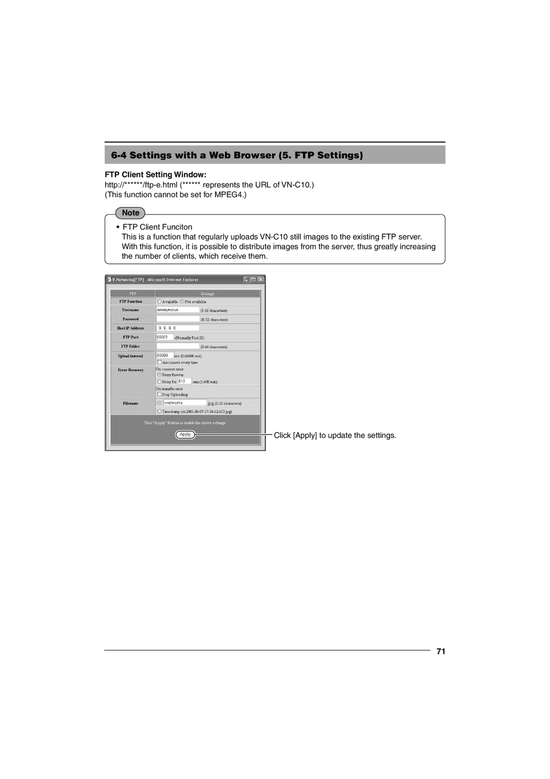 JVC VN-C10 manual Settings with a Web Browser 5. FTP Settings, FTP Client Setting Window 