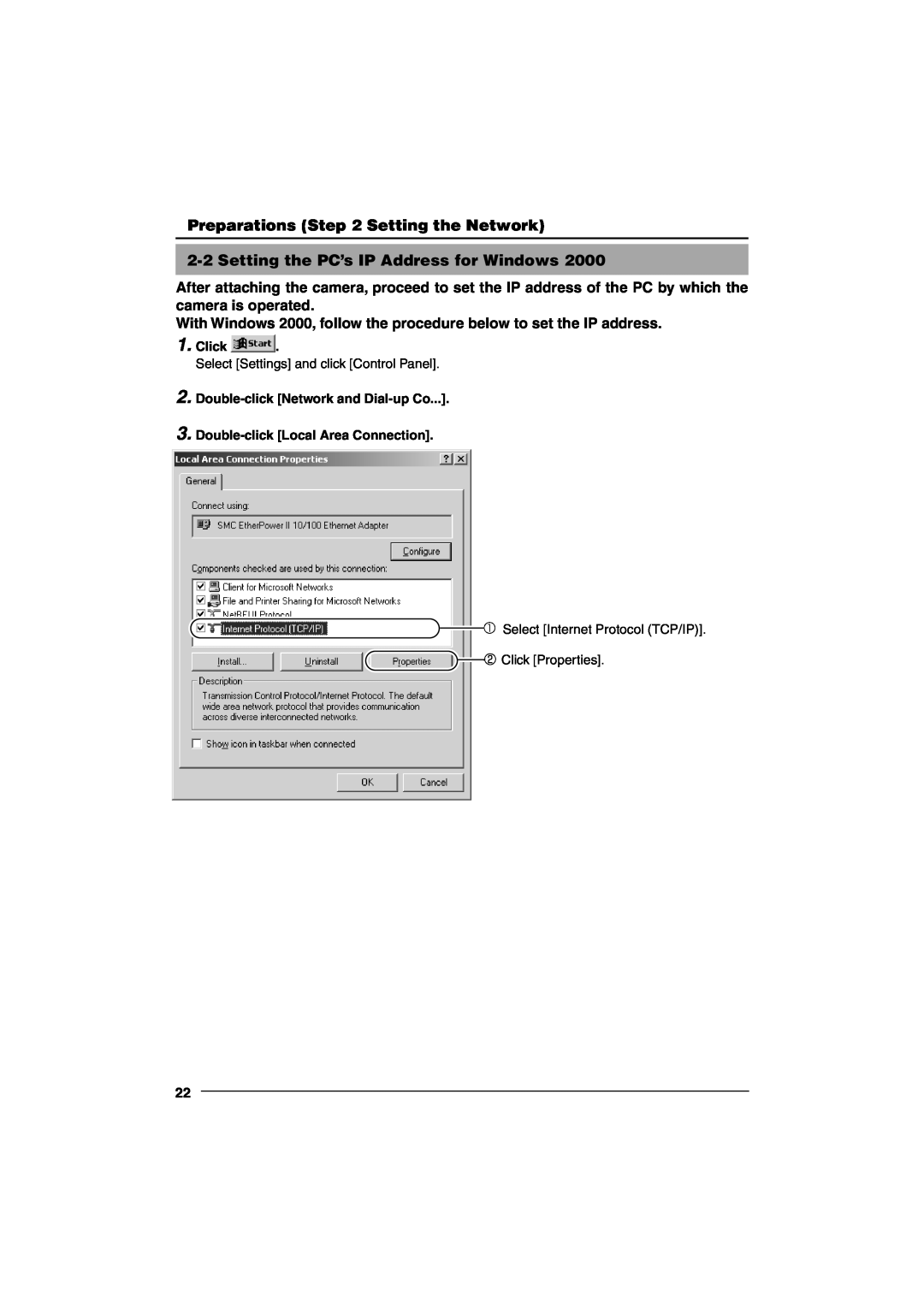 JVC VN-C10 manual 2-2Setting the PC’s IP Address for Windows, Preparations Setting the Network 