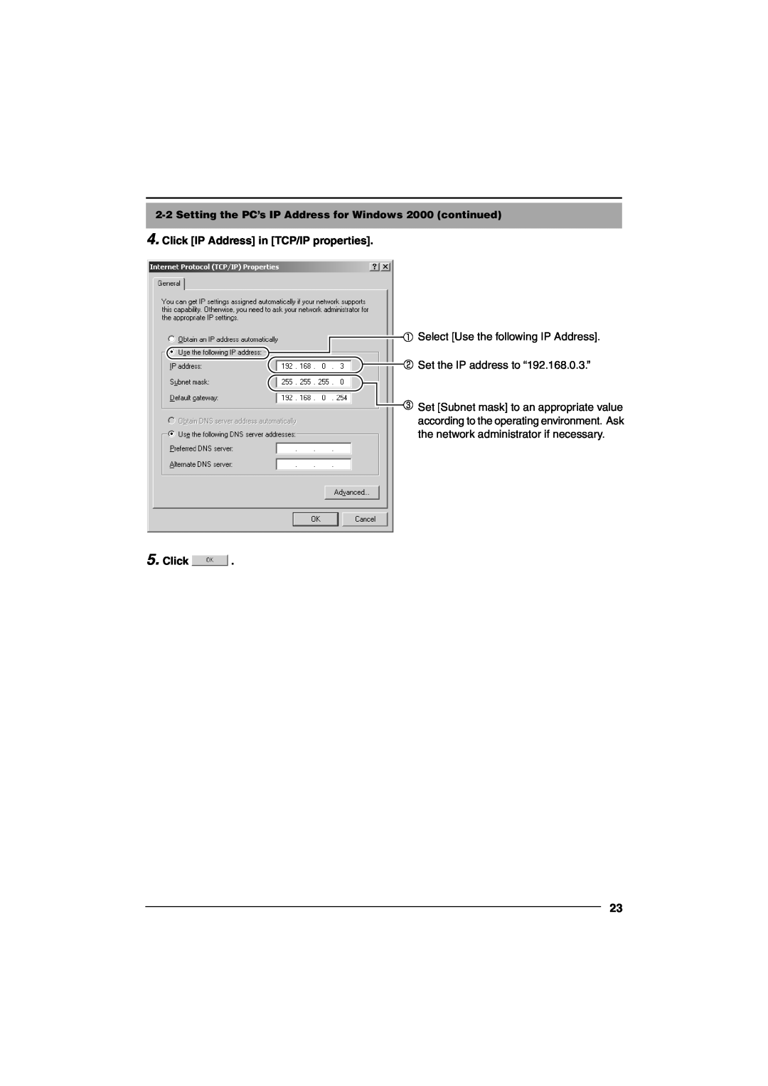 JVC VN-C10 manual Click IP Address in TCP/IP properties, Select Use the following IP Address 