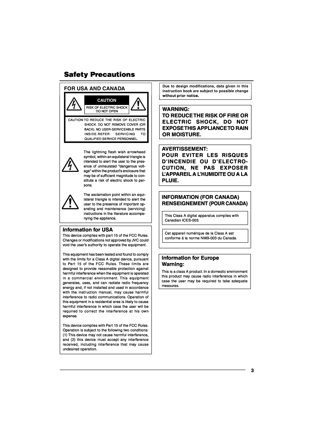 JVC VN-C10 manual Safety Precautions, For Usa And Canada, Information for USA, Avertissement, Information for Europe 