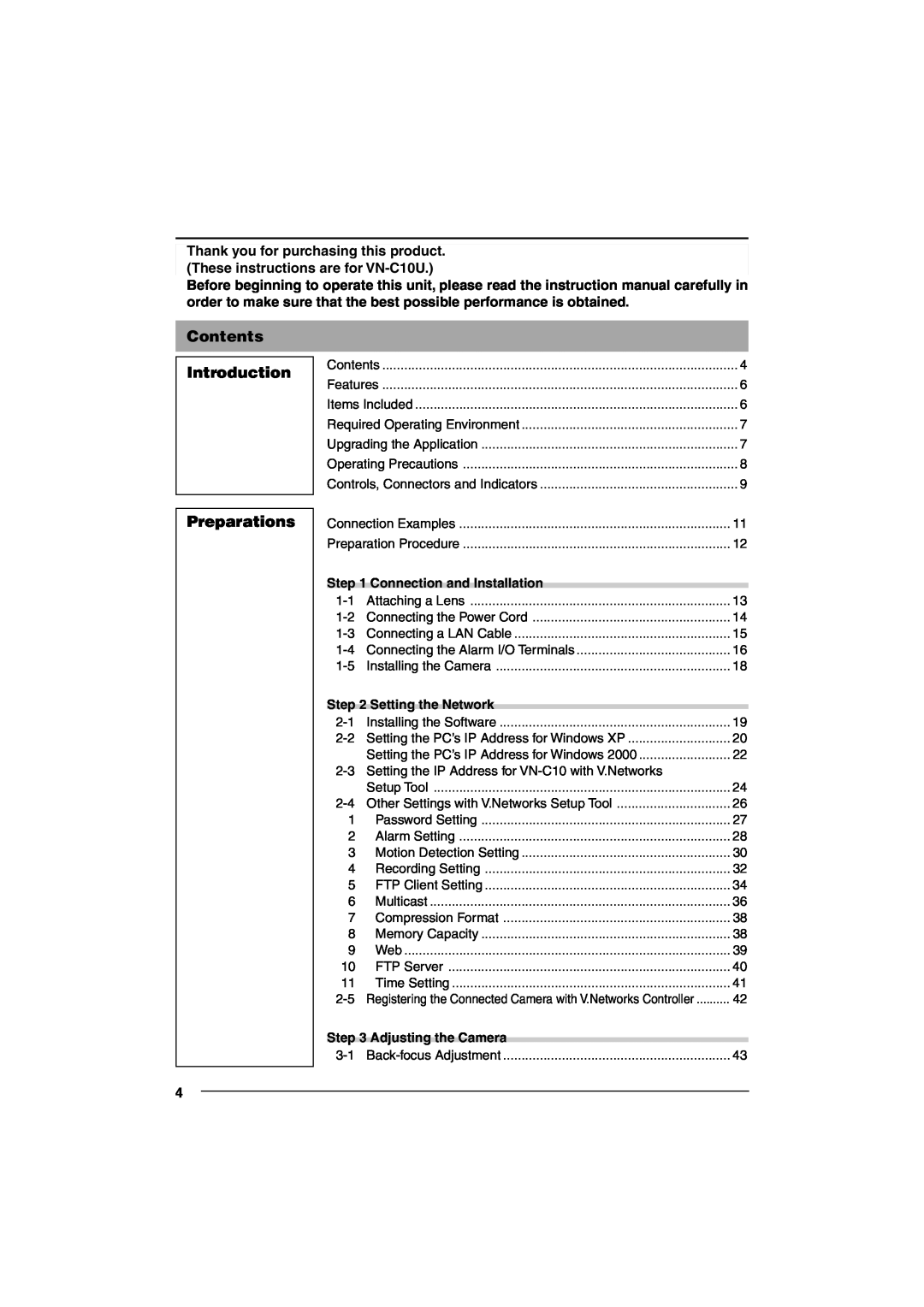 JVC VN-C10 manual Contents Introduction Preparations 
