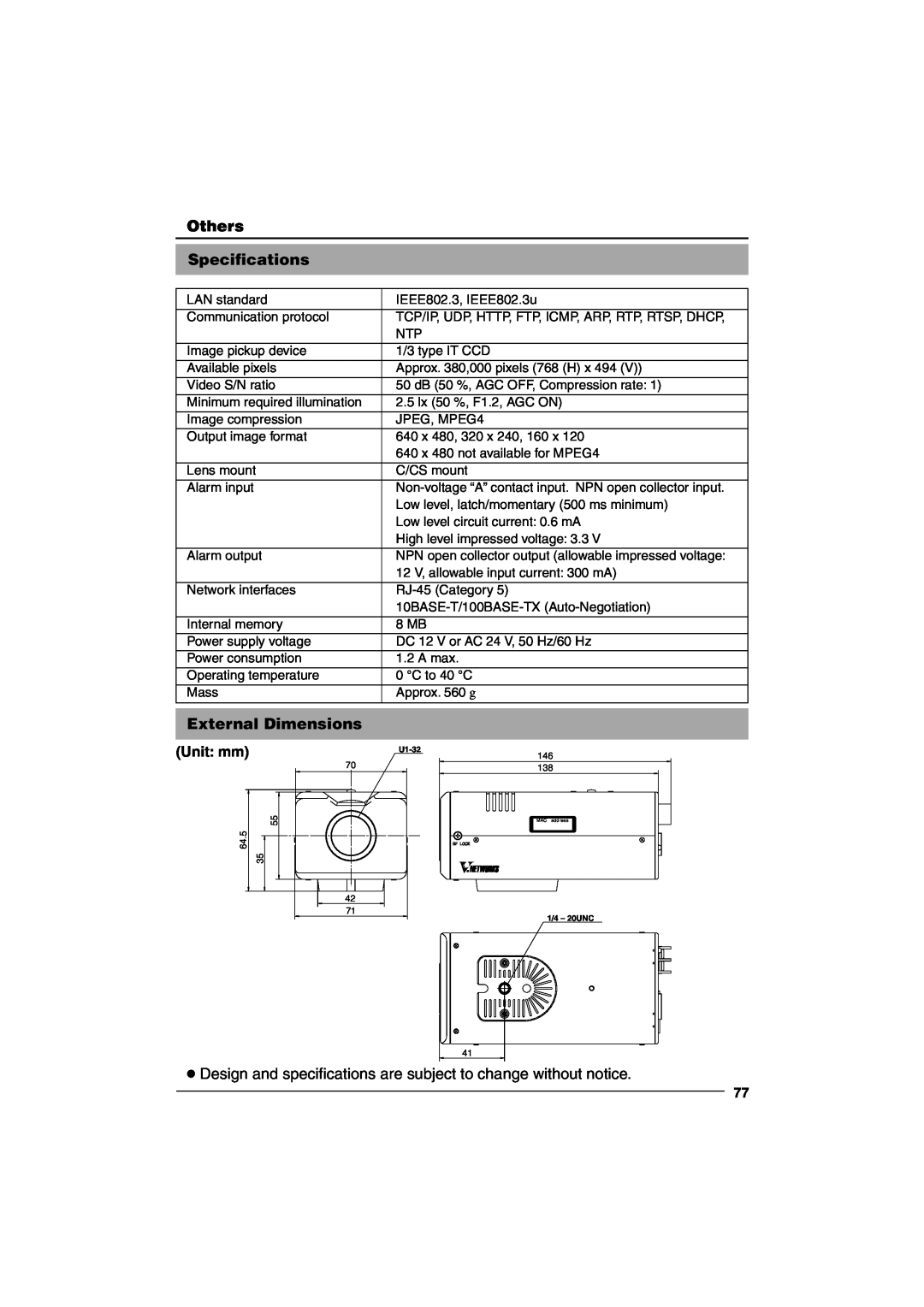 JVC VN-C10 manual Others Specifications, External Dimensions, Unit: mm 