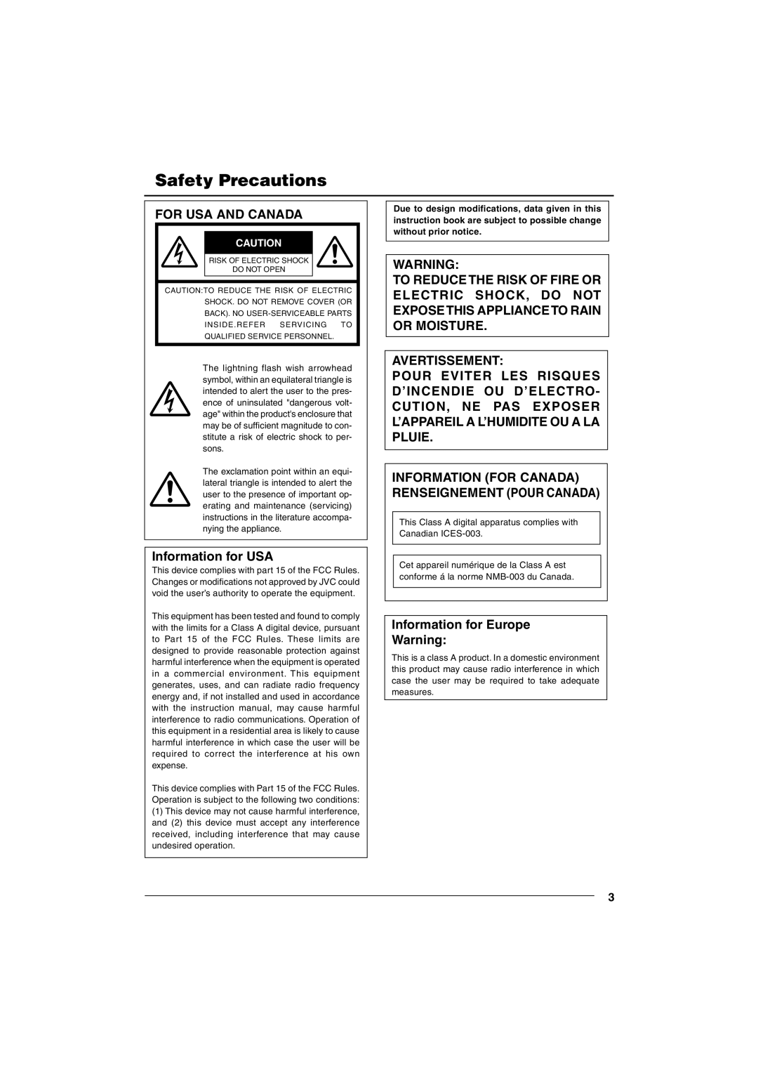 JVC VN-C10 manual Safety Precautions, For Usa And Canada, Information for USA, Avertissement, Information for Europe 