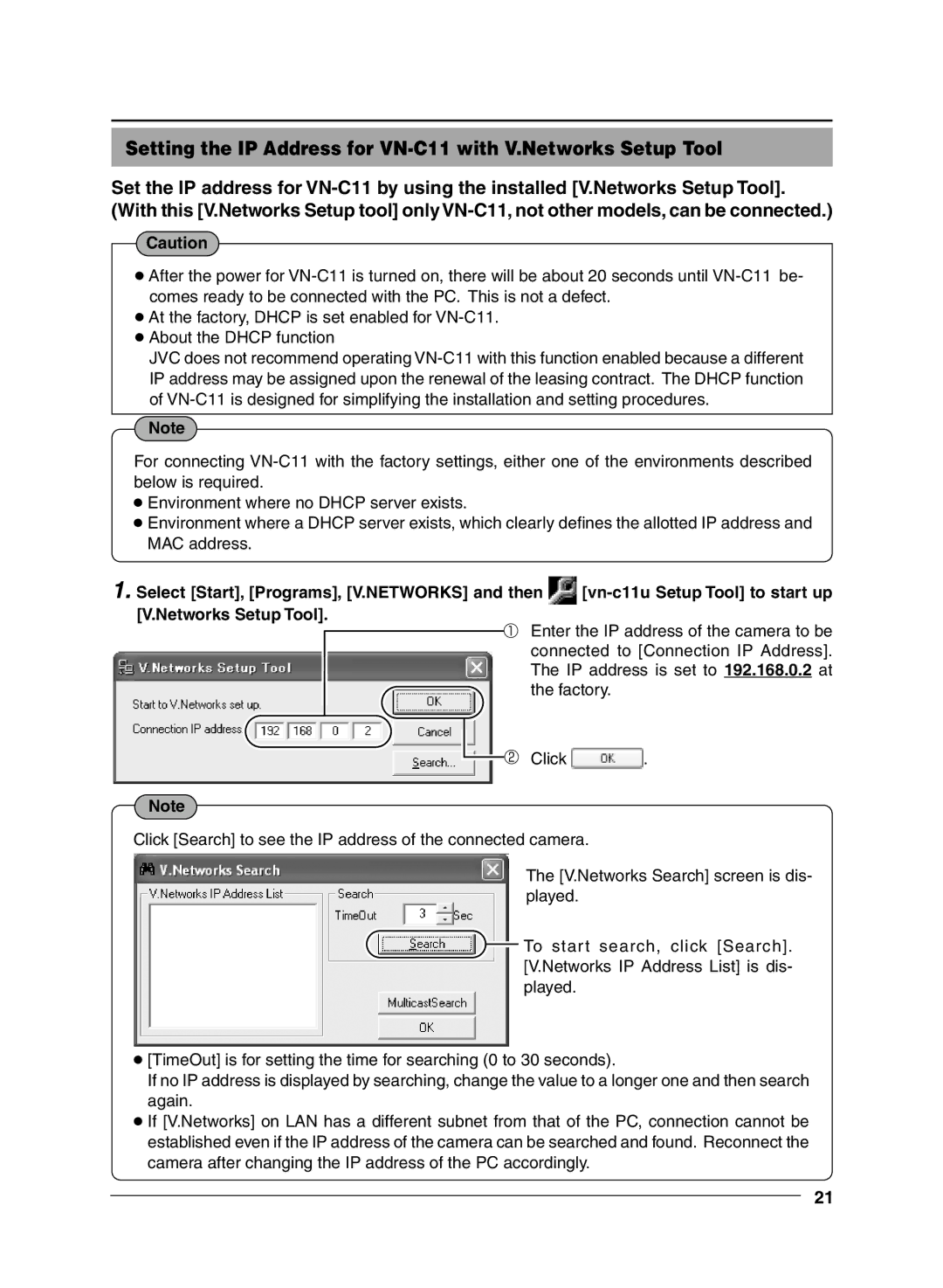 JVC manual Setting the IP Address for VN-C11 with V.Networks Setup Tool 