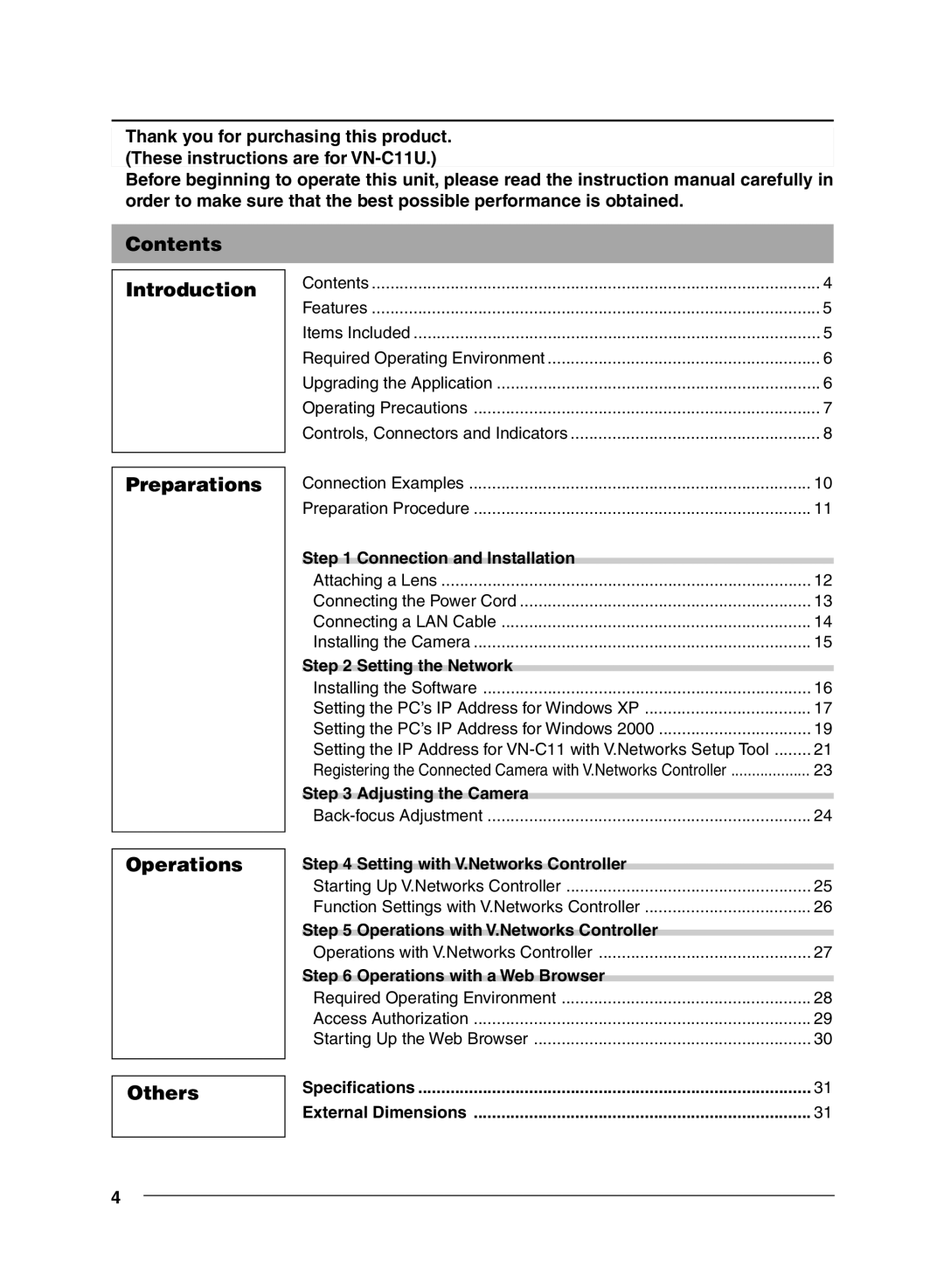 JVC VN-C11 manual Contents Introduction Preparations Operations Others 