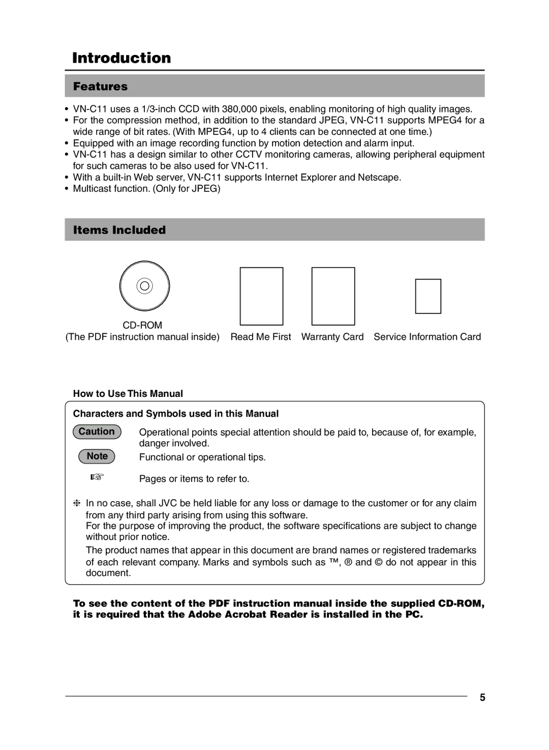 JVC VN-C11 manual Introduction, Features, Items Included 