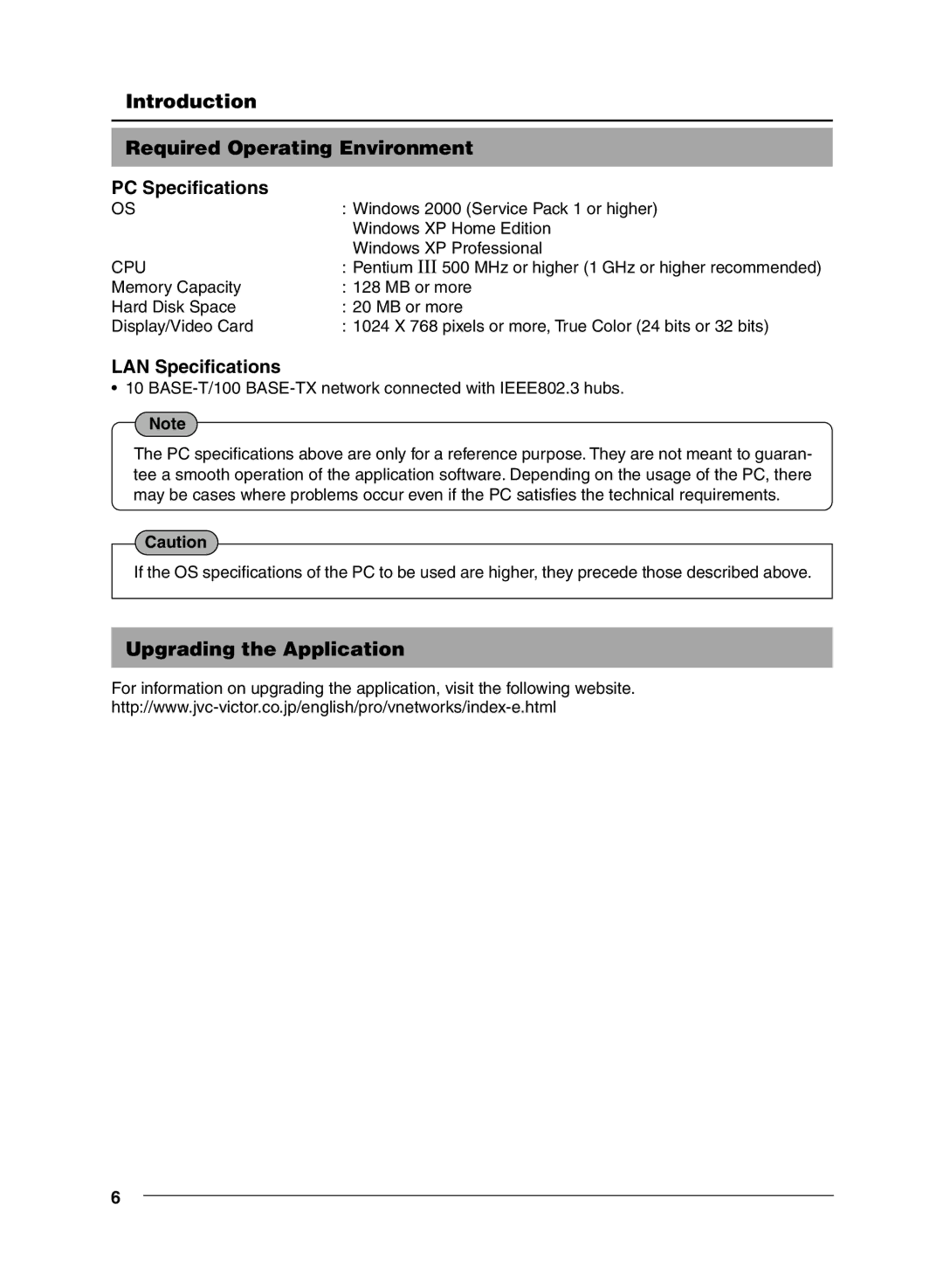 JVC VN-C11 manual LAN Specifications, Upgrading the Application 