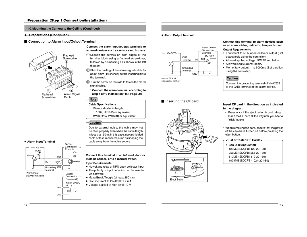 JVC VN-C205 manual Preparations  Connection to Alarm Input/Output Terminal,  Inserting the CF card 