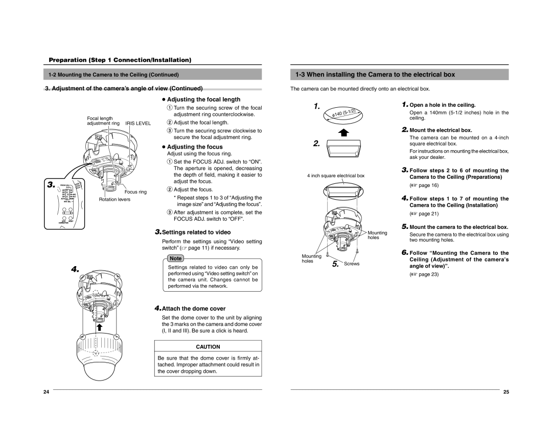 JVC VN-C205 manual When installing the Camera to the electrical box, Adjusting the focal length, Adjusting the focus 