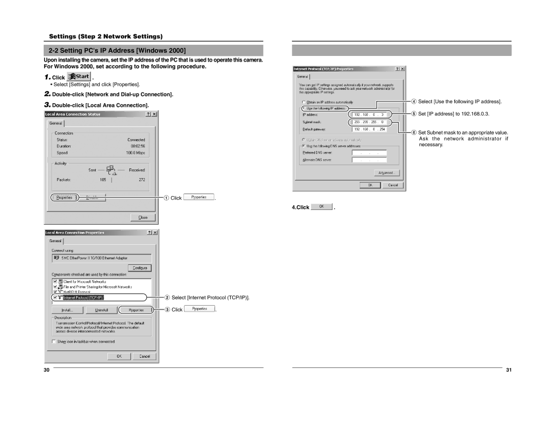 JVC VN-C205 Setting PCs IP Address Windows, For Windows 2000, set according to the following procedure, Set IP address to 