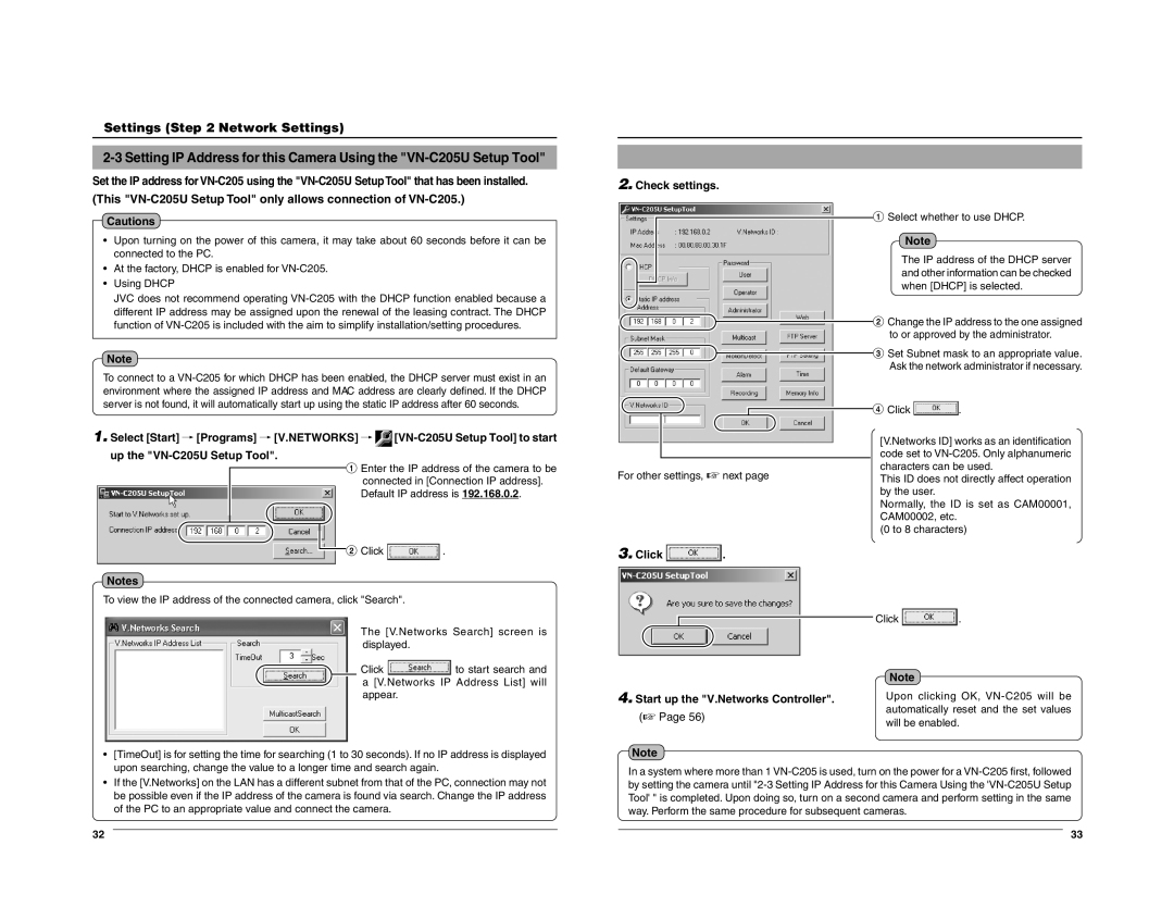 JVC manual This VN-C205U Setup Tool only allows connection of VN-C205, Check settings, For other settings, next 