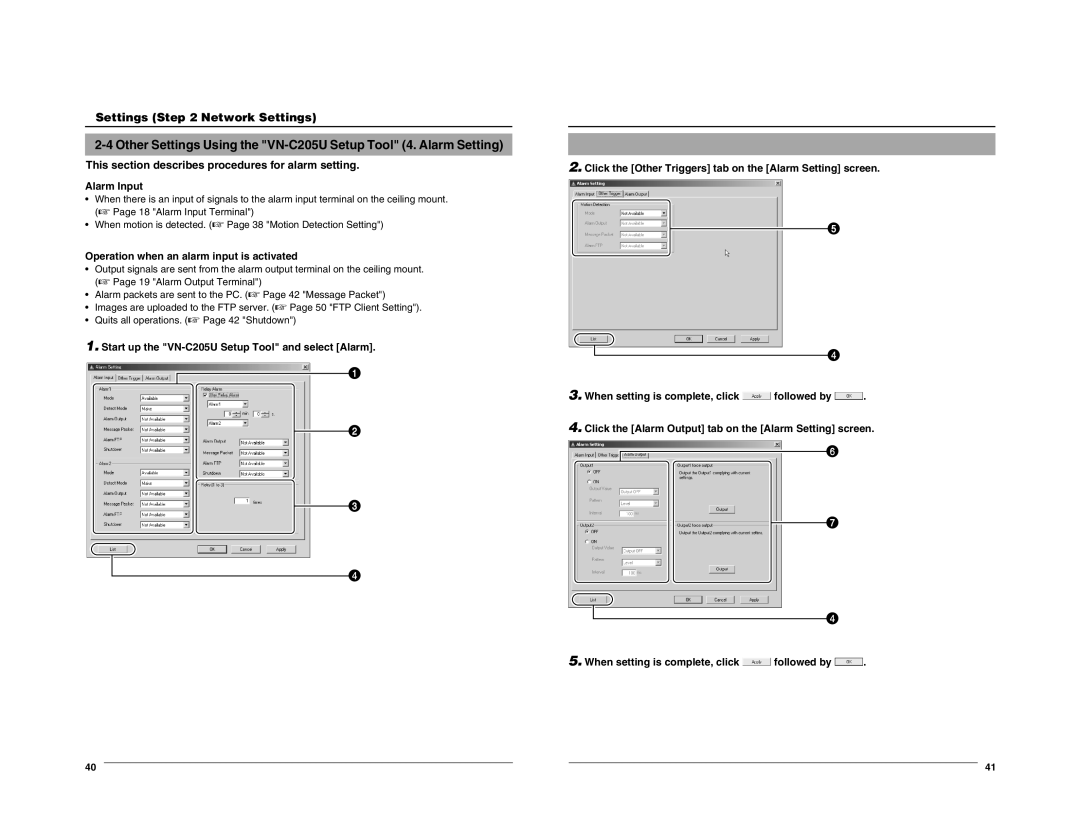 JVC VN-C205 This section describes procedures for alarm setting, Alarm Input, Operation when an alarm input is activated 