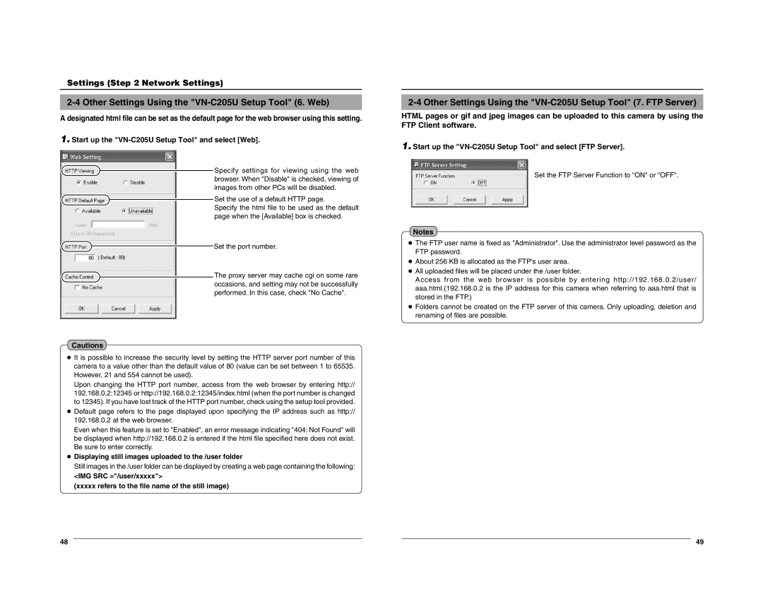 JVC Other Settings Using the VN-C205U Setup Tool 6. Web, Other Settings Using the VN-C205U Setup Tool 7. FTP Server 