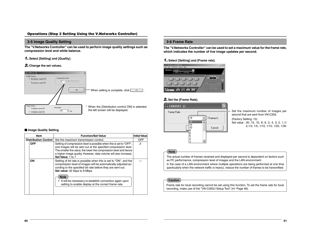 JVC VN-C205 manual Image Quality Setting, Frame Rate, Operations Setting Using the V.Networks Controller 