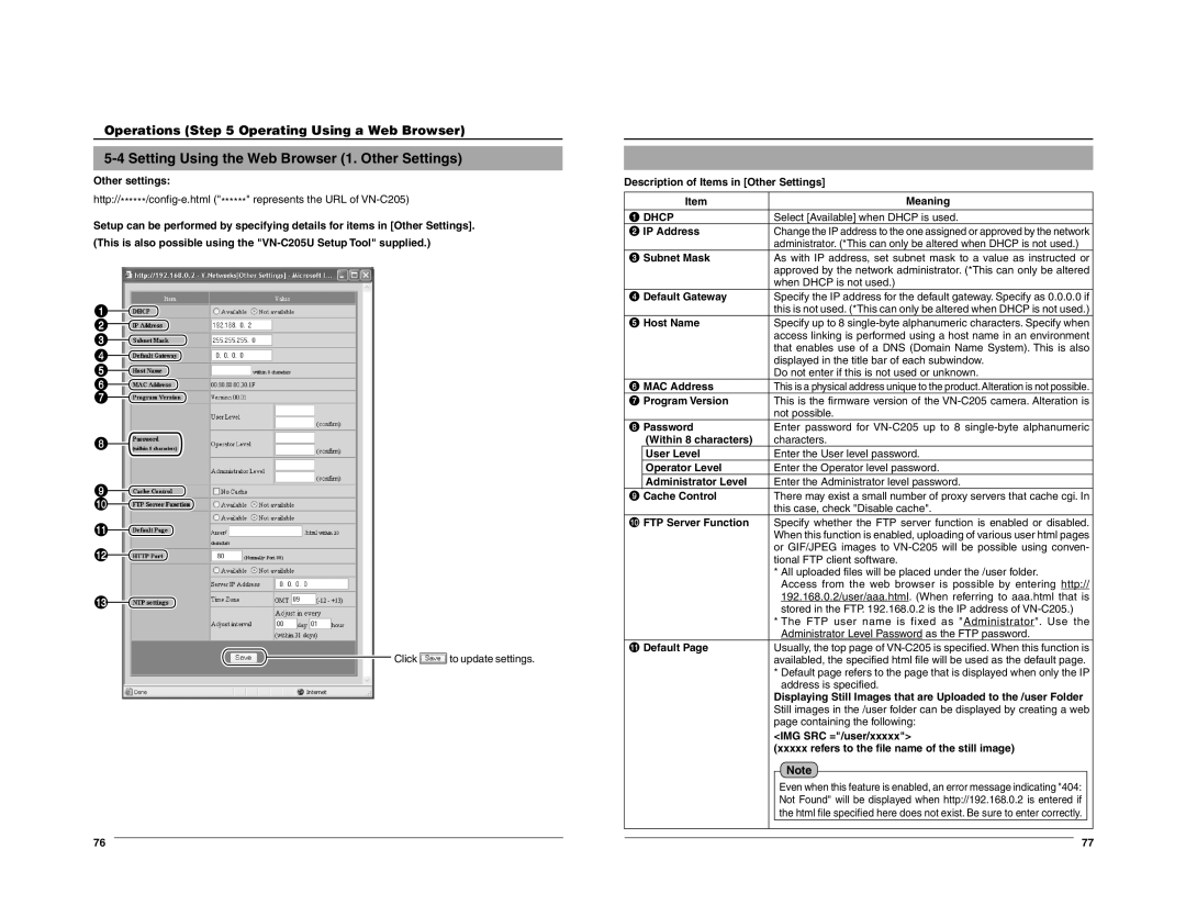 JVC VN-C205 manual Setting Using the Web Browser 1. Other Settings 