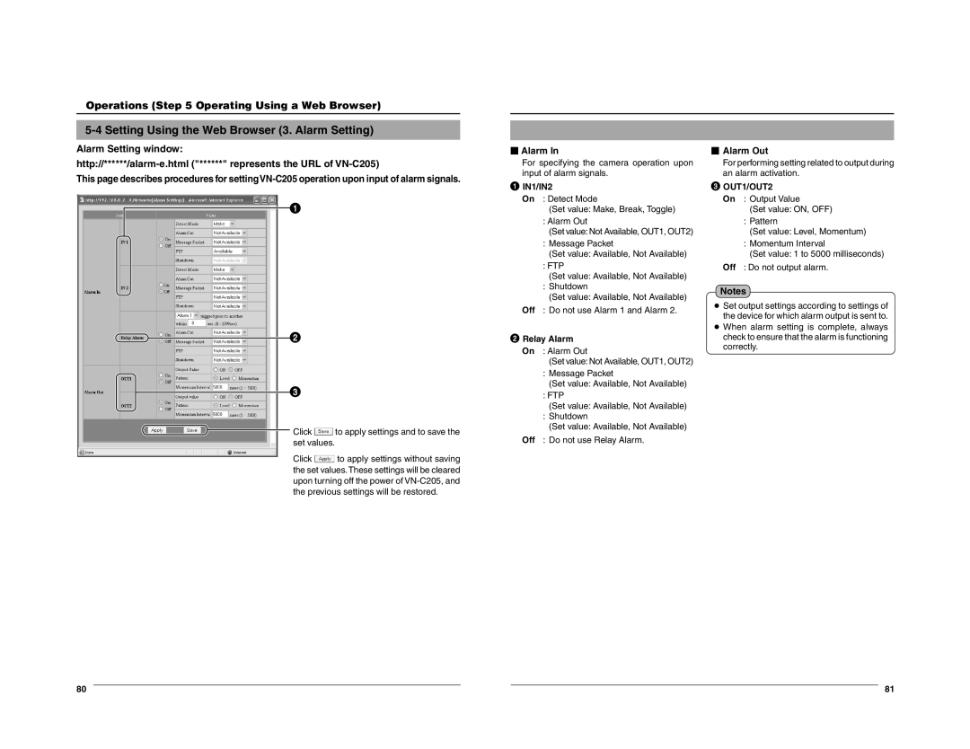 JVC VN-C205 Setting Using the Web Browser 3. Alarm Setting, Click to apply settings and to save the set values,  Alarm 