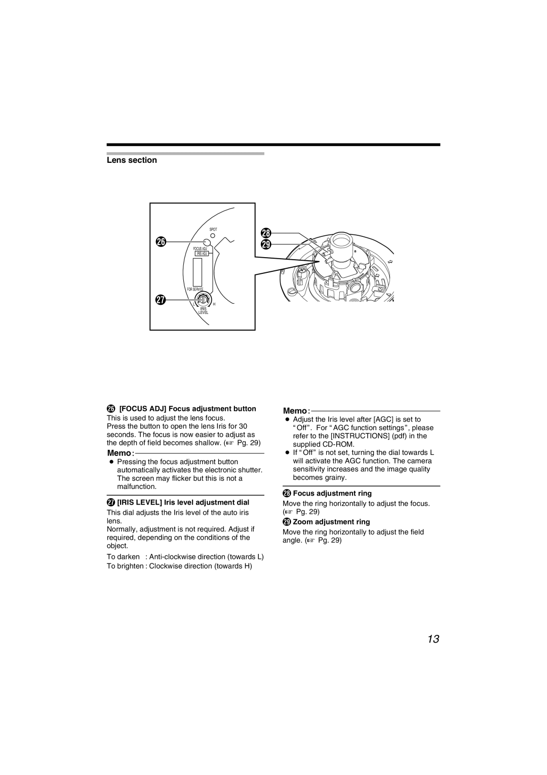 JVC VN-C215V4U manual Lens section, Iris Level Iris level adjustment dial, Focus adjustment ring, Zoom adjustment ring 