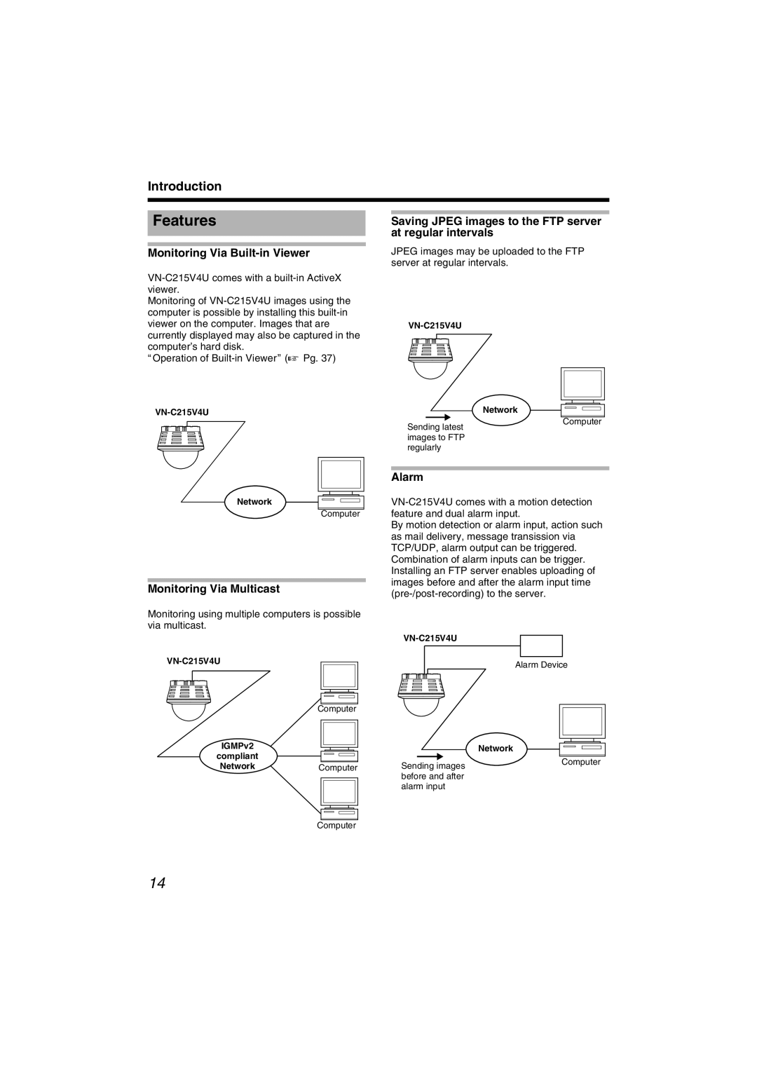 JVC VN-C215V4U Features, Monitoring Via Built-in Viewer, Saving Jpeg images to the FTP server at regular intervals, Alarm 