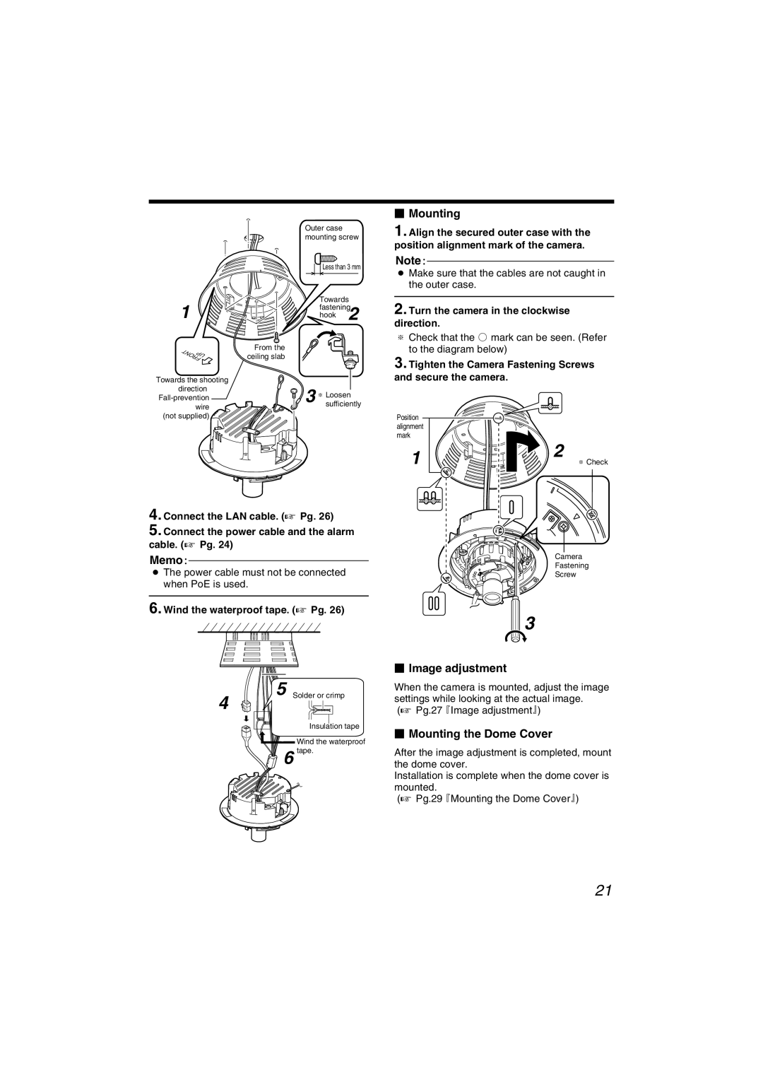 JVC VN-C215V4U manual Turn the camera in the clockwise direction, Tighten the Camera Fastening Screws and secure the camera 