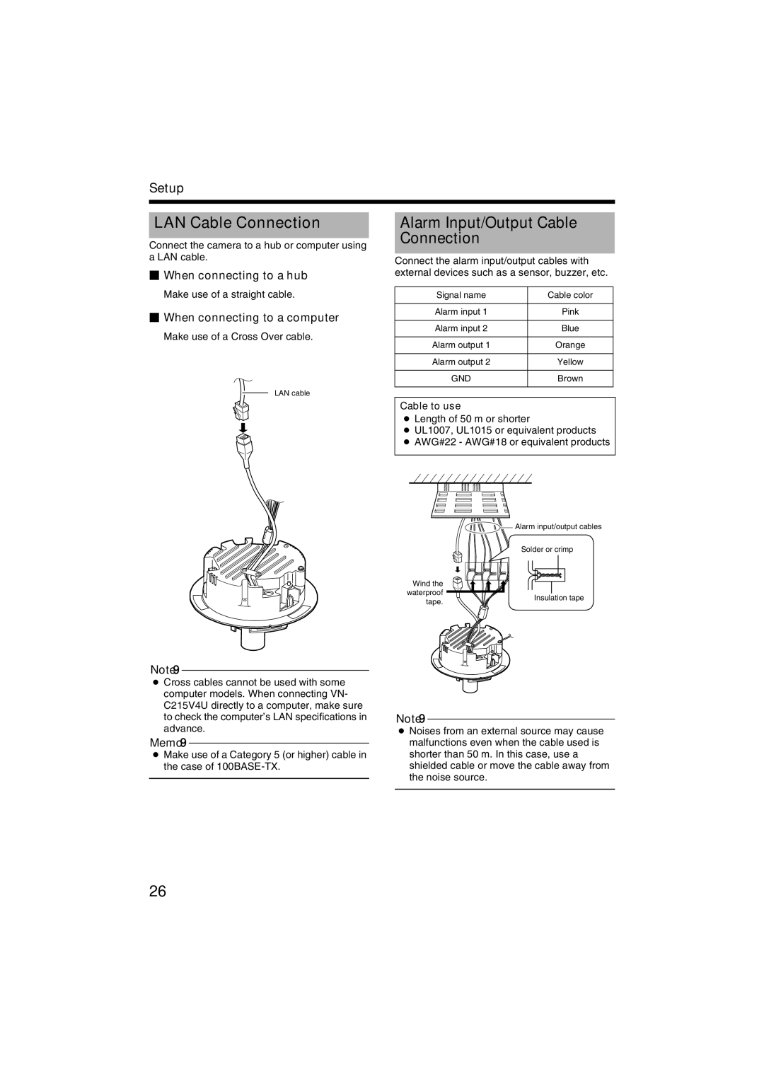 JVC VN-C215V4U manual LAN Cable Connection, Alarm Input/Output Cable Connection,  When connecting to a hub, Cable to use 