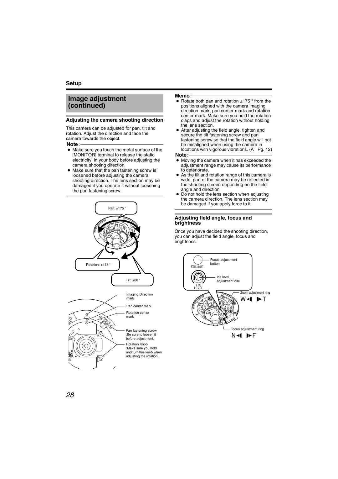 JVC VN-C215V4U manual Adjusting the camera shooting direction, Adjusting field angle, focus and brightness 