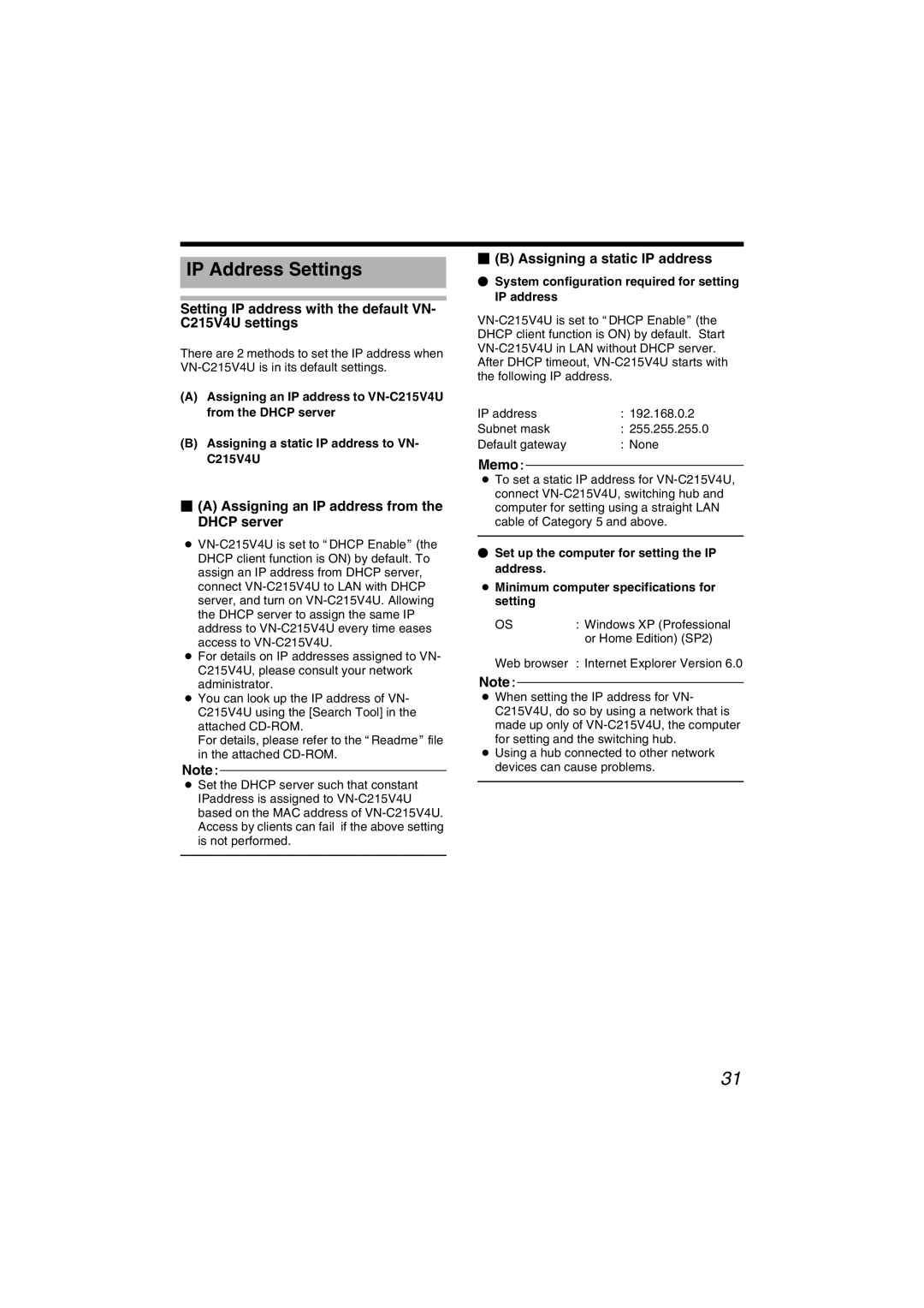 JVC VN-C215V4U manual IP Address Settings, Setting IP address with the default VN- C215V4U settings 