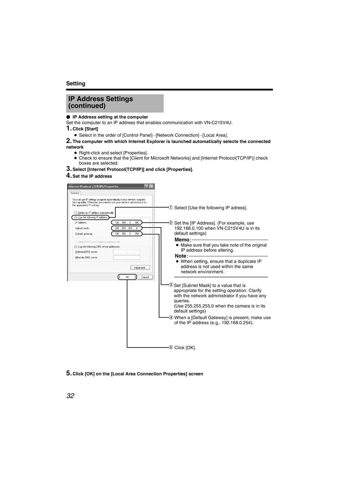JVC VN-C215V4U  IP Address setting at the computer, Click Start, Click OK on the Local Area Connection Properties screen 