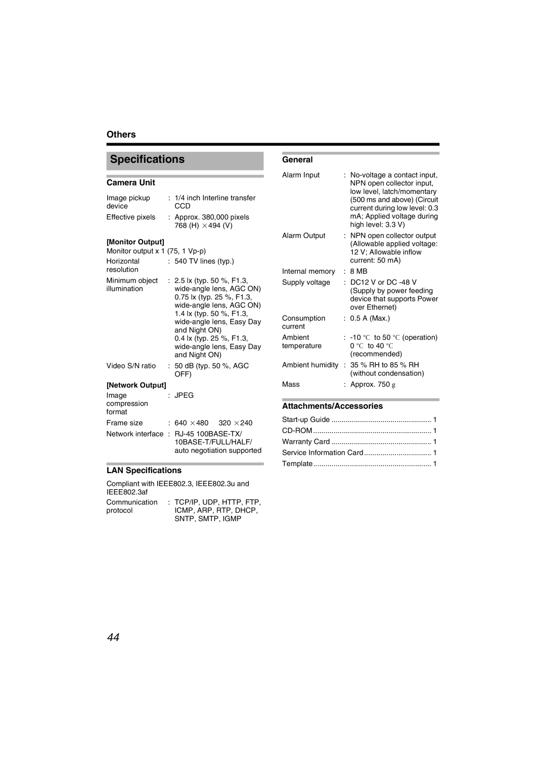 JVC VN-C215V4U manual LAN Specifications, General, Attachments/Accessories, Monitor Output 