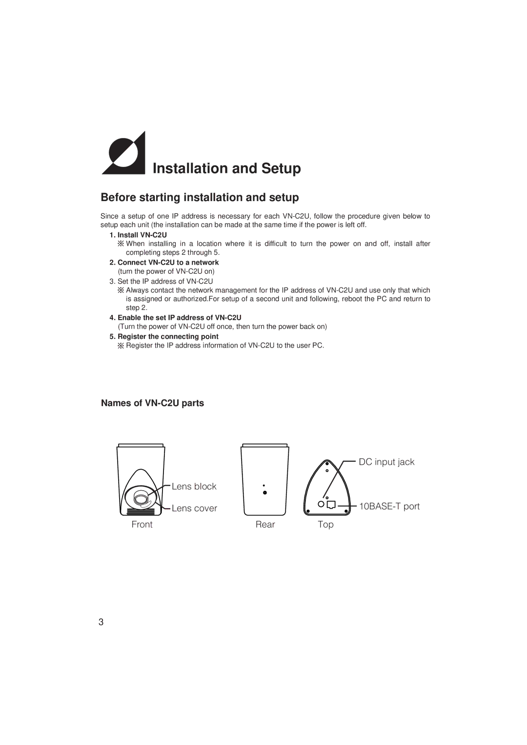 JVC instruction manual Installation and Setup, Before starting installation and setup, Names of VN-C2U parts 