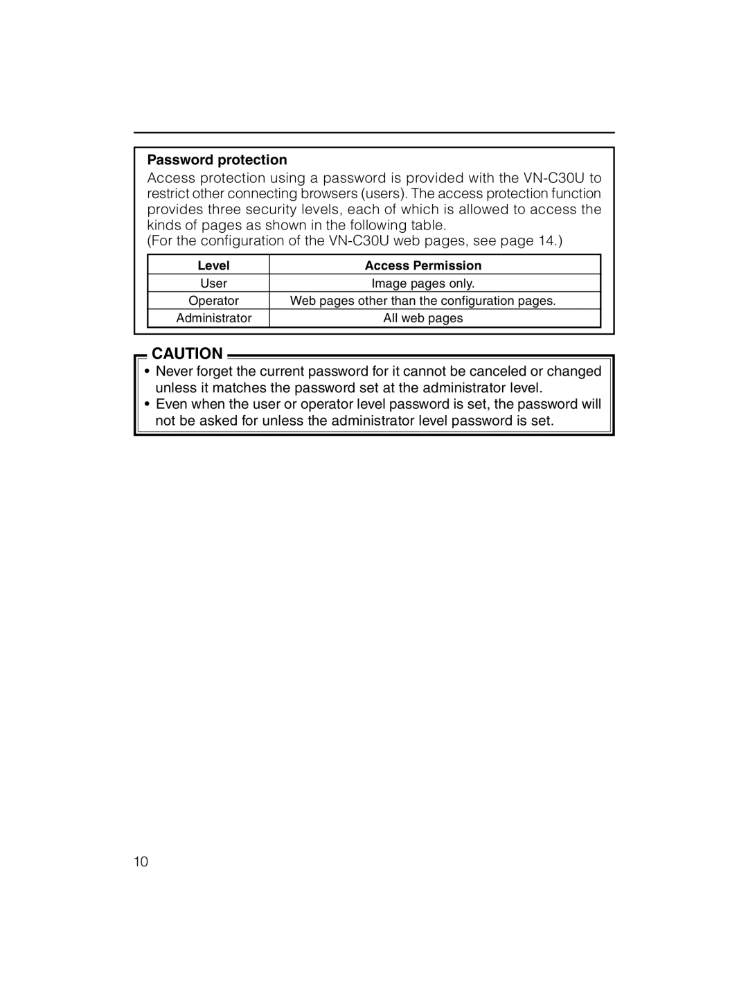 JVC VN-C30U instruction manual Password protection, Level Access Permission 