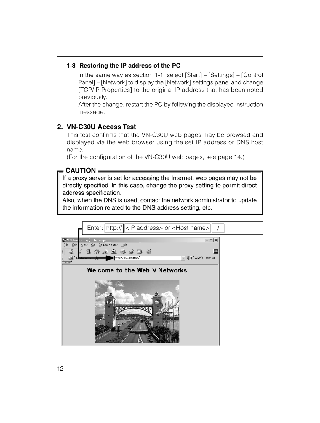 JVC instruction manual VN-C30U Access Test, Restoring the IP address of the PC 