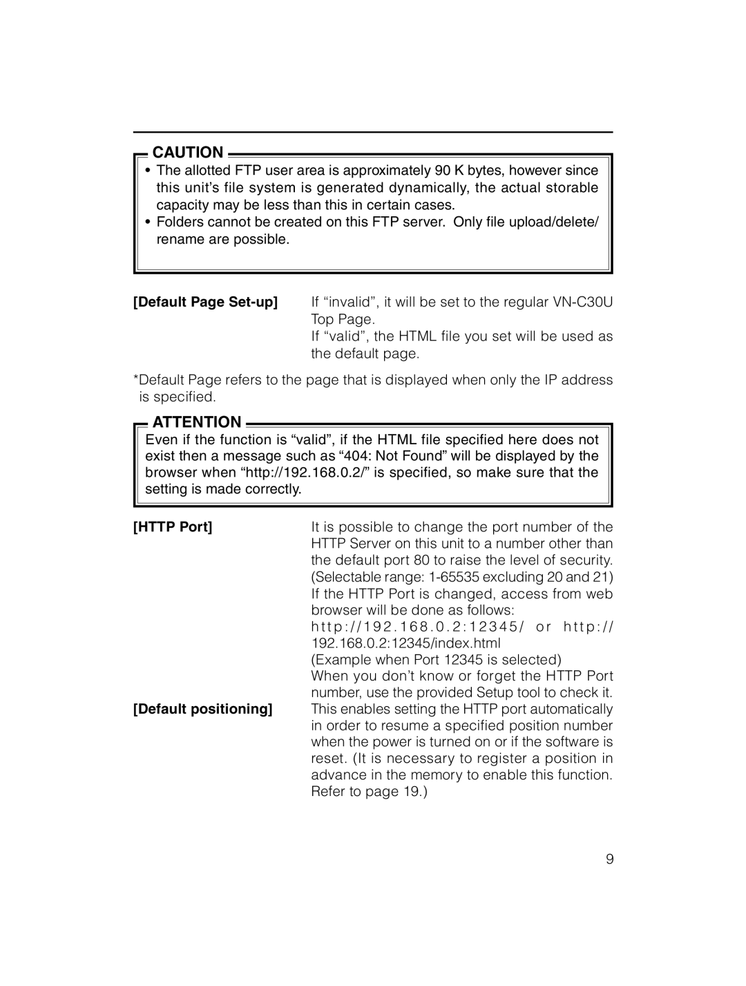 JVC VN-C30U instruction manual Http Port, Default positioning 