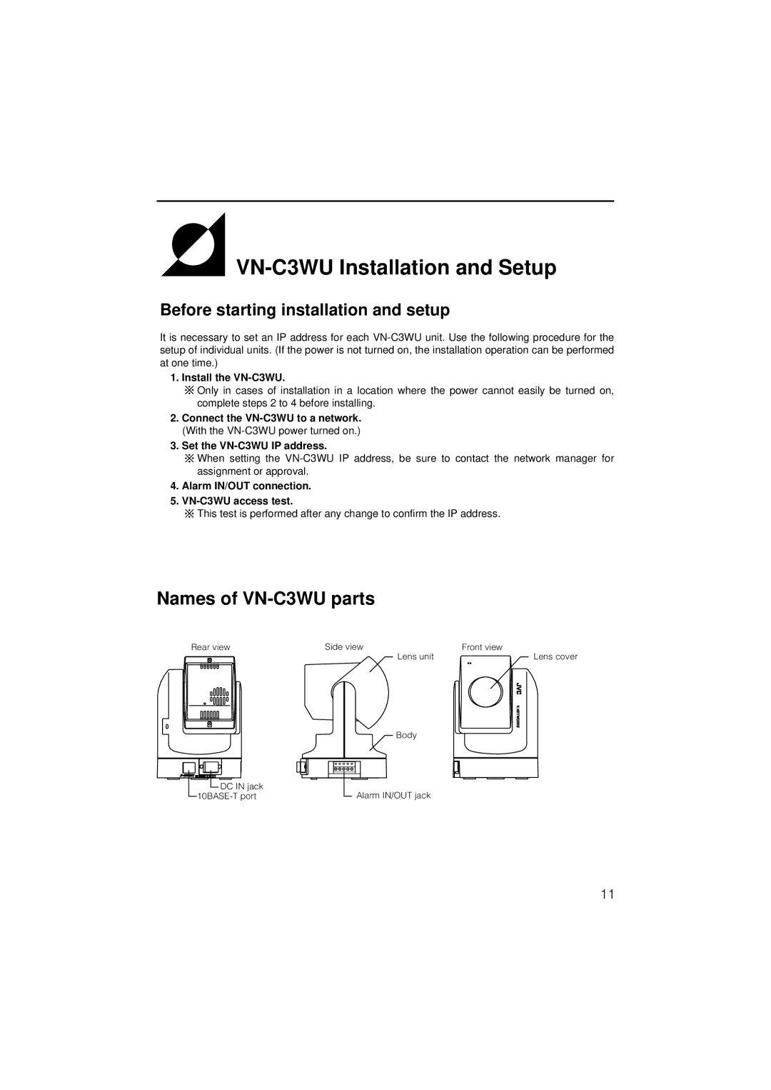 JVC instruction manual VN-C3WU Installation and Setup, Names of VN-C3WU parts, Before starting installation and setup 