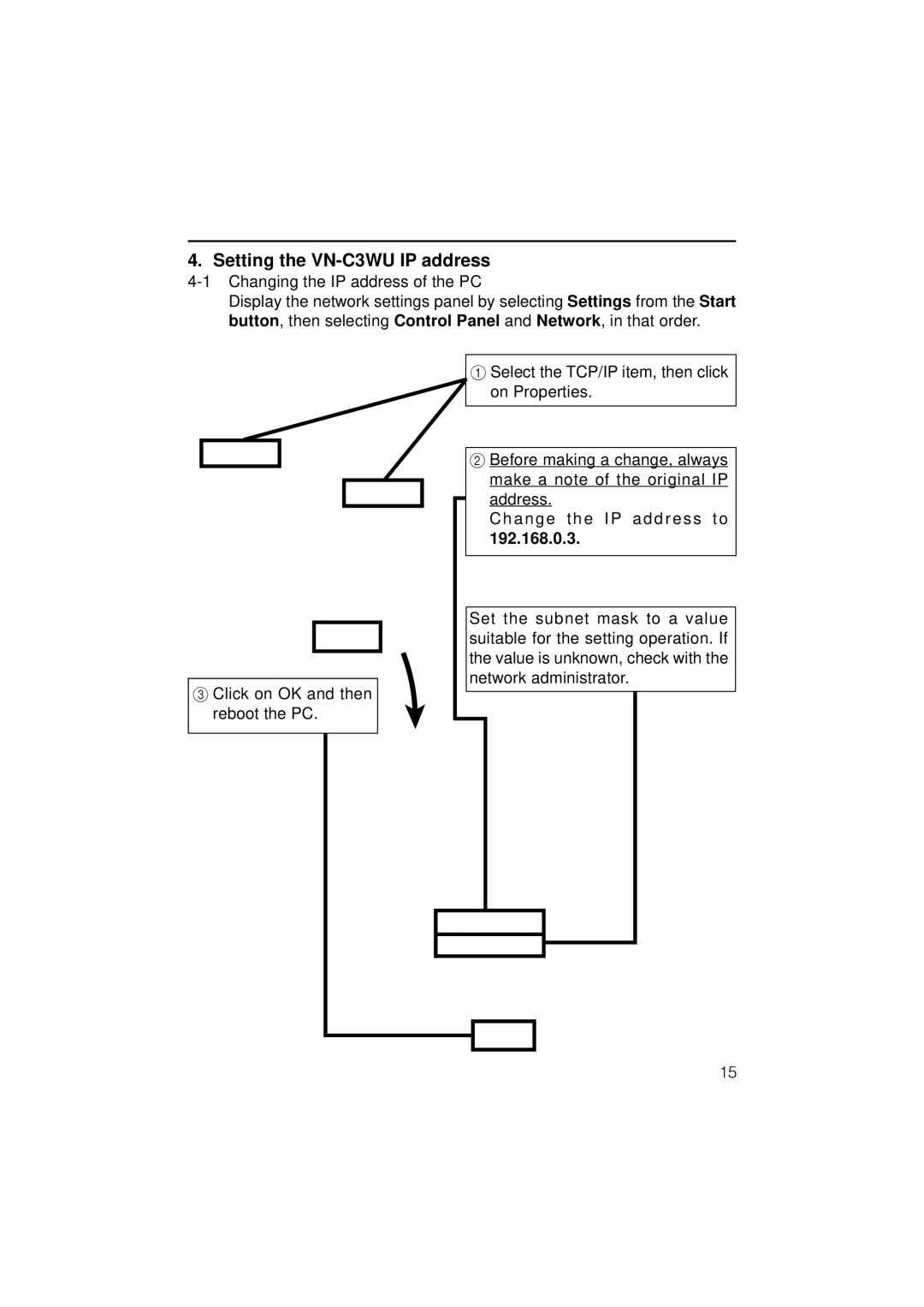 JVC instruction manual Setting the VN-C3WU IP address, 192.168.0.3 