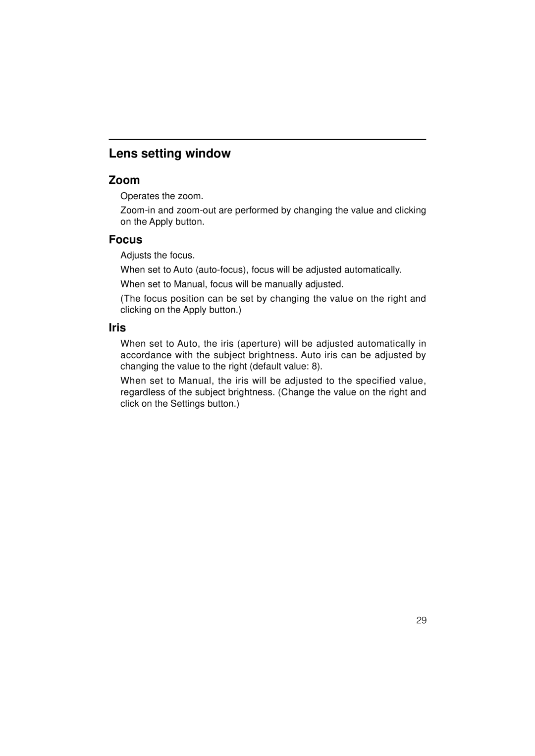 JVC VN-C3WU instruction manual Lens setting window, Zoom, Focus, Iris 