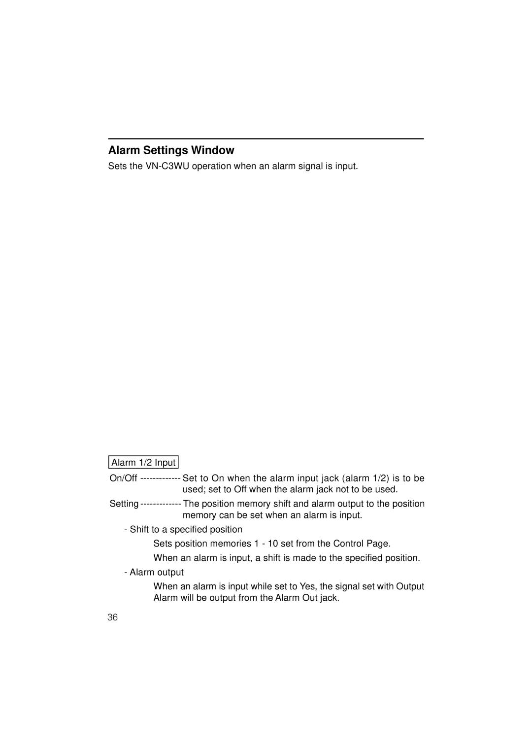 JVC VN-C3WU instruction manual Alarm Settings Window 