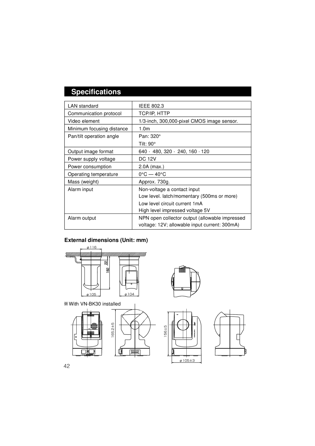 JVC VN-C3WU instruction manual Specifications, External dimensions Unit mm 